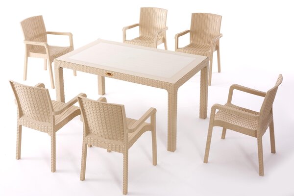 6dílná sada zahradního nábytku Technorattan – zahradní sada se stolem 140 x 80 cm + 6 idlí, barva cappuccino, odolná proti povtrnostním vlivm, moderní, sada terasového nábytku