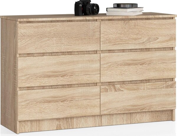 Komoda 120 cm iroká se 6 zásuvkami, do lonice a obývacího pokoje, univerzální do pedsín a dtského pokoje v barv sonoma