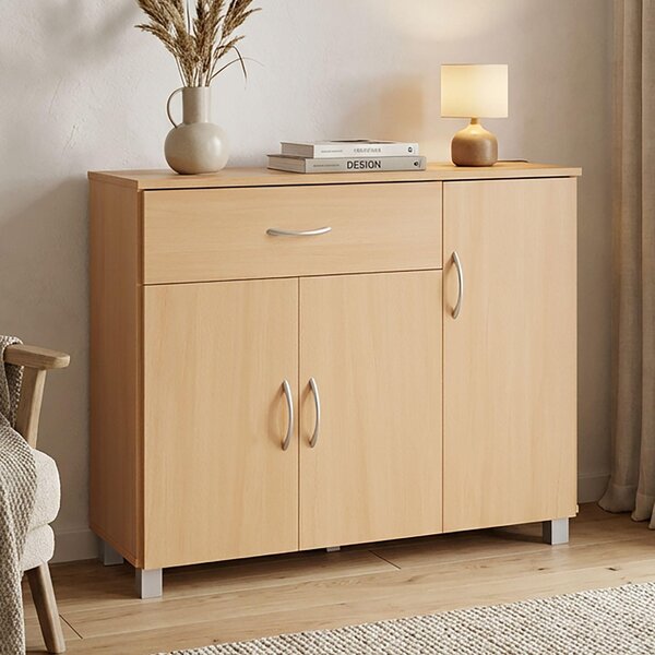 Komoda FineBuy JERRY z bukového dřeva s 1 zásuvkou a 3 dvířky, 90 x 75 x 30 cm | Designová komoda z MDF | Komoda do předsíně s úchytkami