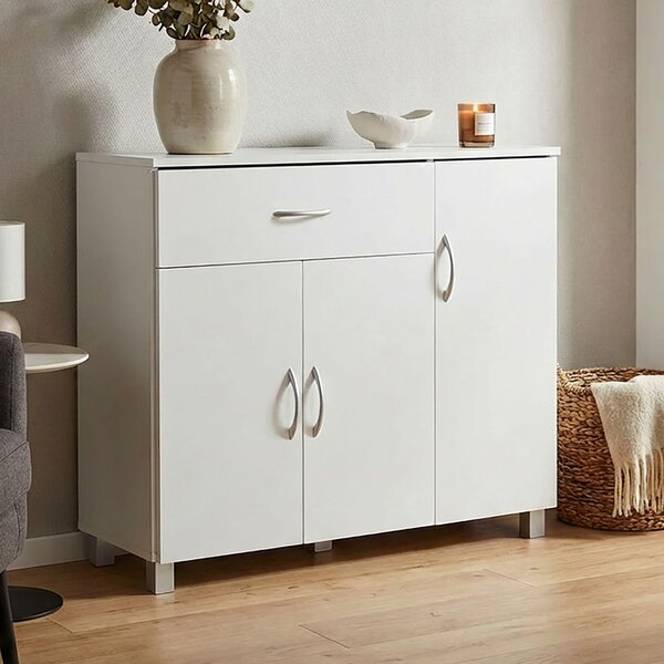 FineBuy Bílá komoda SETE 90 x 75 x 30 cm Skříňka s 1 zásuvkou a 3 dvířky Moderní komoda do ložnice, jídelny, úzká skříňka na boty