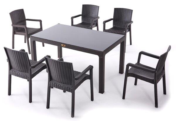 Zahradní nábytek pro 6 osob z technorattanu – zahradní set se stolem a 6 idlemi, antracitová barva, moderní a odolný proti povtrnostním vlivm