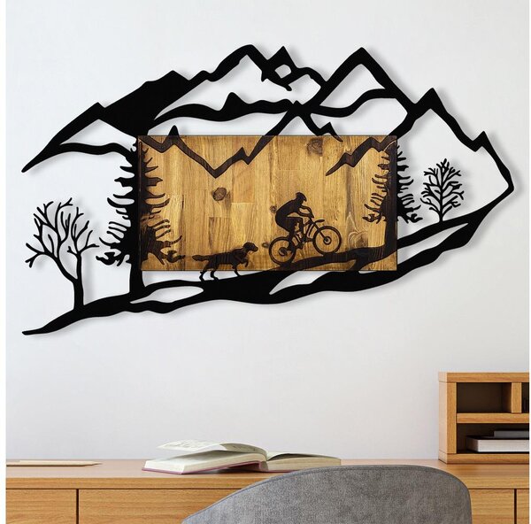 Nástěnná dekorace 110x65 cm jízda na kole dřevo/kov