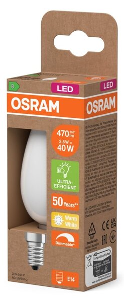 LED žárovka Classic B 40 DIM, Třída B, 2.5W, Teplá bílá, Matná, E14