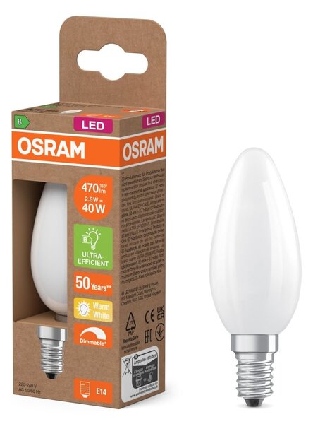 LED žárovka Classic B 40 DIM, Třída B, 2.5W, Teplá bílá, Matná, E14