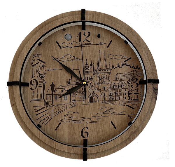 "Praha" Světelné hodiny 32 cm provedení povrchu: dub světlý, varianta napájení svítidla: 12V s externím zdrojem (s přivodním kabelem)