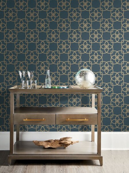 Luxusní modrá vliesová tapeta, zlaté ornamenty DD3711, Dazzling Dimensions 2, York