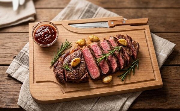 AMADEA Dřevěné prkénko na steak s nožem a miskou, masivní dřevo, 30x20x1,5 cm