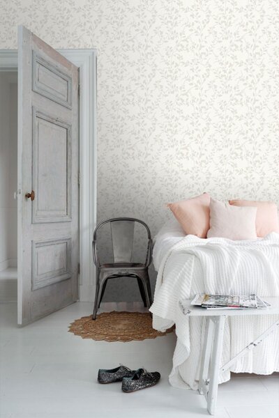 Šedobéžová vliesová tapeta na zeď, větvičky, listy 148728, Blush, Esta Home