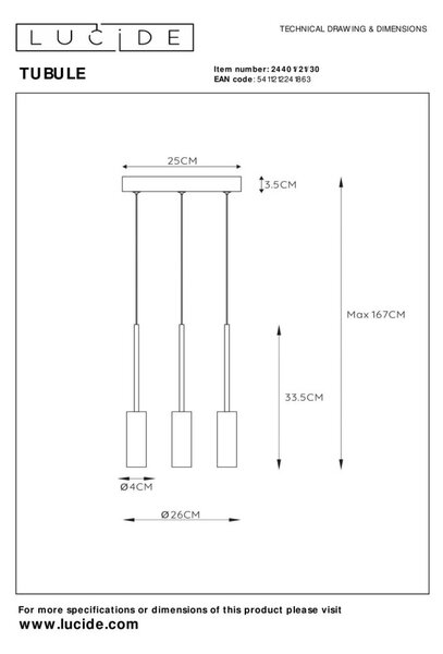 LUCIDE 24401/21/30 TUBULE Závěsné svítidlo LED 3x7W černá