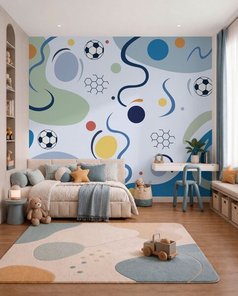 Fototapety Barevné abstraktní tvary, fotbalové míče a čáry, Fototapety Sport, w05142v1 : uwalls.cz