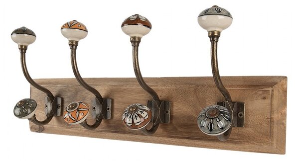 Věšák s dřevěnou deskou a malovanými knopkami - 45*11*18 cm - Clayre & Eef
