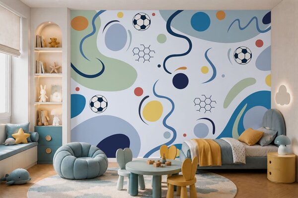 Fototapety Barevné abstraktní tvary, fotbalové míče a čáry, Fototapety Sport, w05142v1 : uwalls.cz