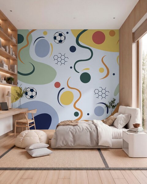 Fototapety Abstraktní tvary, fotbalové míče, čáry a kruhy, Fototapety Sport, w05142v2 : uwalls.cz