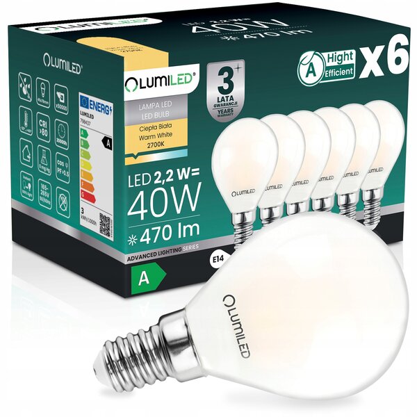 6x LED žárovka E14 kulička P45 2,2W 470lm = 40W 2700K 360° filament TŘÍDA A