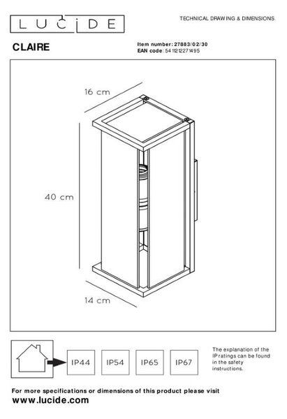 Lucide 27883/02/30 CLAIRE exteriérové ​​nástěnné svítidlo 2xE27 IP54 15W