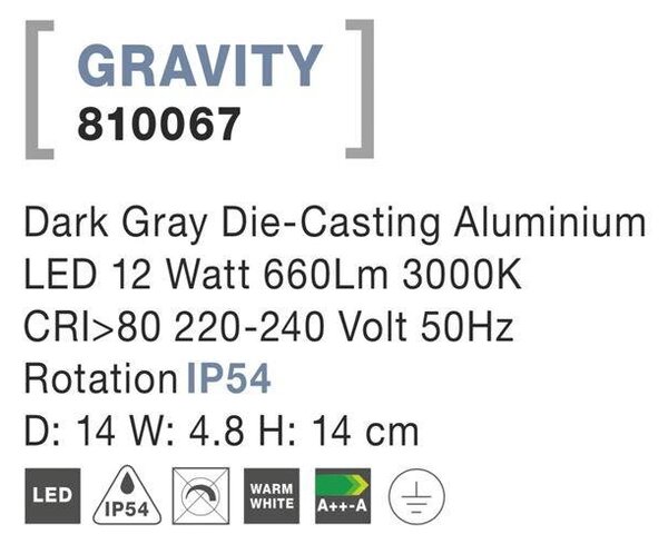 NV 810067 Venkovní nástěnné svítidlo GRAVITY tmavě šedý hliník akrylový difuzor LED 12W 3000K 220-240V rotační IP54 - NOVA LUCE