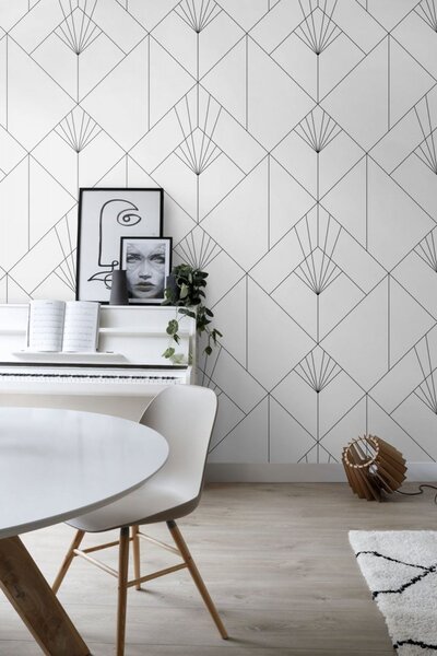 Vliesová obrazová tapeta, černobílý geometrický vzor Art Deco 158934, 150x300cm, Black & White, Esta