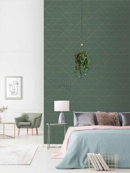 Zelená vliesová tapeta se zlatými liniemi 139212, Art Deco, Esta