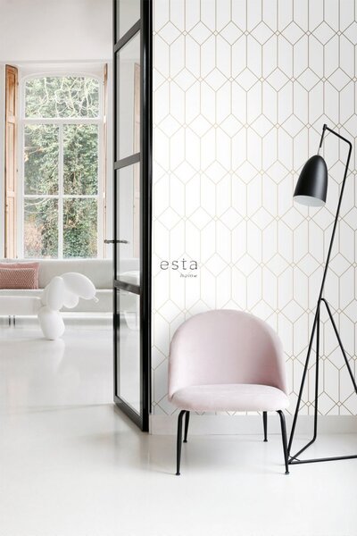 Bílá geometrická vliesová tapeta na zeď, zlaté linie 139223, Art Deco, Esta