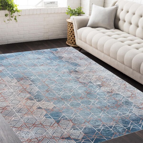 Makro Abra Moderní kusový koberec protiskluzový Horeca 08 Geometrický modrý Rozměr: 80x150 cm