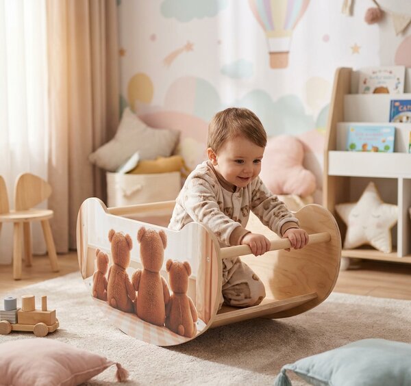 Multifunkční Montessori houpačka a stolek 4v1 - medvídci
