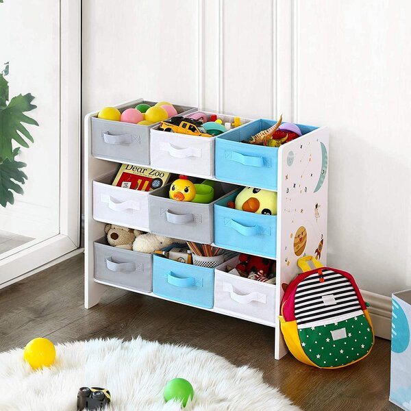 SongmicsHome Regál na hračky VESMÍR, 9 boxů, 62,5x29,5x60cm, bílá s nálepkami
