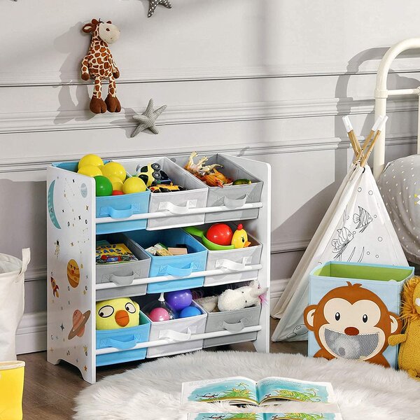 SongmicsHome Regál na hračky VESMÍR, 9 boxů, 62,5x29,5x60cm, bílá s nálepkami