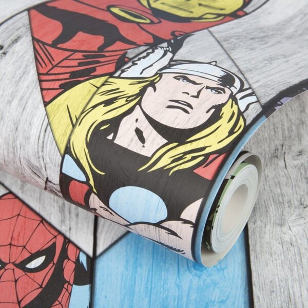 Papírová komiksová tapeta 102435, Marvel Wood Panel, Kids@Home 6, Graham & Brown