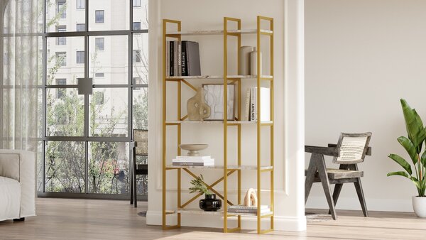 Regál Vega 4 (Bílý mramor + Zlatá). Akce -25%