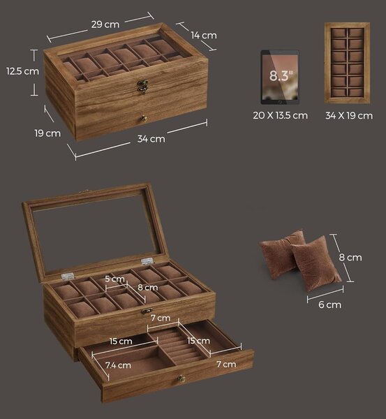 SONGMICS Box na hodinky a šperky s proskleným víkem hnědá