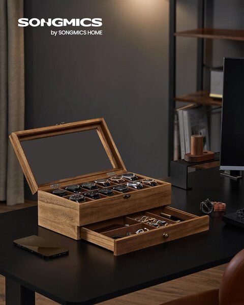 SONGMICS Box na hodinky a šperky s proskleným víkem hnědá