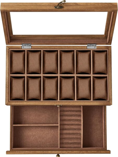 SONGMICS Box na hodinky a šperky s proskleným víkem hnědá