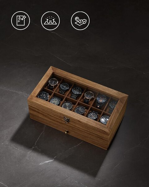 SONGMICS Box na hodinky a šperky s proskleným víkem hnědá