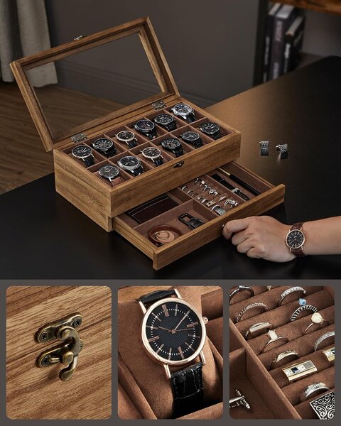 SONGMICS Box na hodinky a šperky s proskleným víkem hnědá
