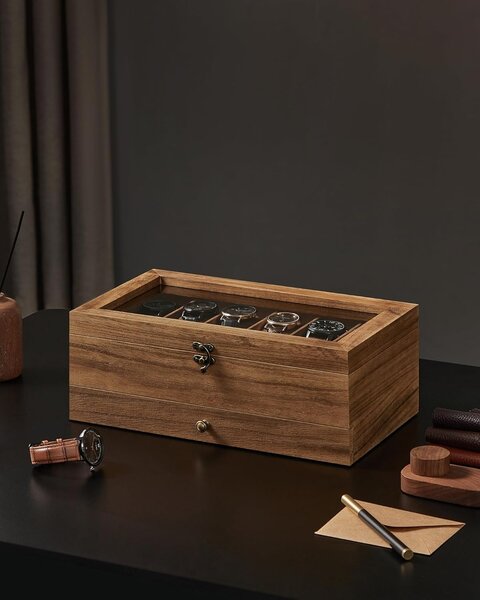 SONGMICS Box na hodinky a šperky s proskleným víkem hnědá