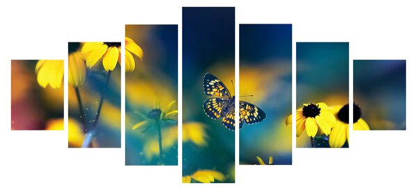 Obraz - Žlutý motýl s květy (210x100 cm)