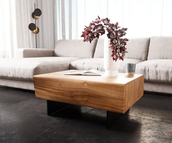 DELIFE Konferenční stolek New Live-Edge 80x60 cm akácie přírodní 2 zásuvky závěsná kovová podnož černá