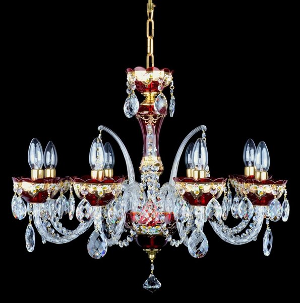 DBK GLASS 8-ramenný lustr z rubínově červeného ska, českého křišťálu zdobený vysokým smaltem a 8 skleněnými rohy 1609-8-SM