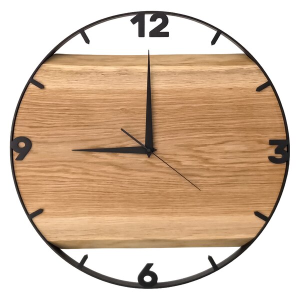 Dřevěné hodiny -55cm, přírodní dřevo - dub, černý kovový rám (55B11)