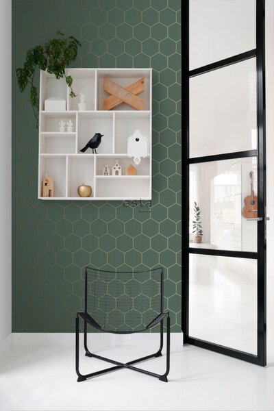 Tmavě zelená vliesová tapeta, vzor hexagony 139228, Art Deco, Esta