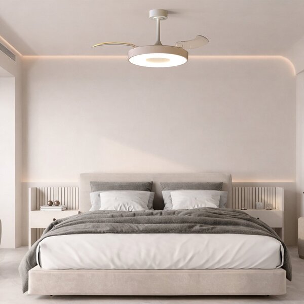 Inteligentní stropní ventilátor LED Coin béžový/bílý DC, tichý – Mantra Mantra Iluminación, Coin, stmívatelné, Béžová, Obývací pokoj, Kov, Moderní