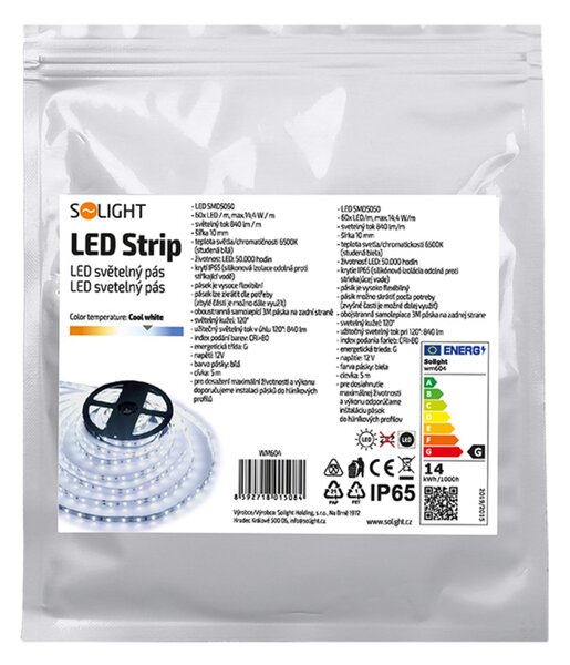 Solight LED světelný pás, 5m, SMD5050 60LED/m, 14,4W/m, IP65, studená bílá WM604
