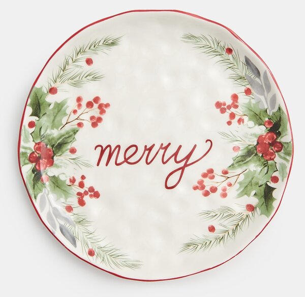 Sinsay - Vánoční keramický talíř s nápisem “Merry” - bílá