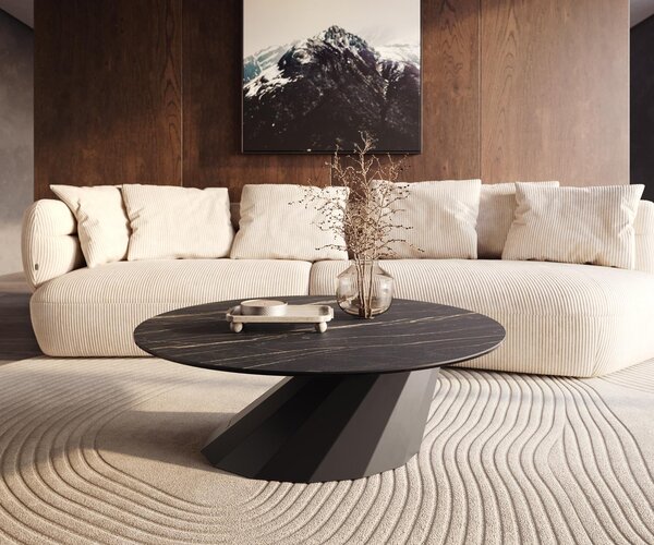 DELIFE Konferenční stolek Edge kulatý 100x100 cm keramika Laminam® Noir Desir hnědá Parabi kov černá