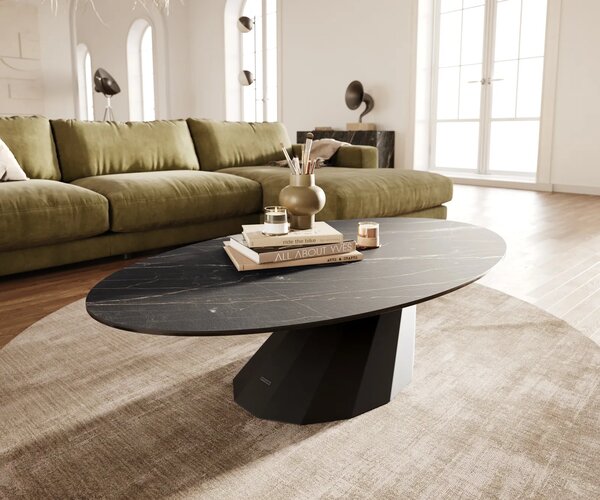 DELIFE Konferenční stolek Edge oválný 140x80 cm keramika Laminam® Noir Desir hnědá Parabi kov černá
