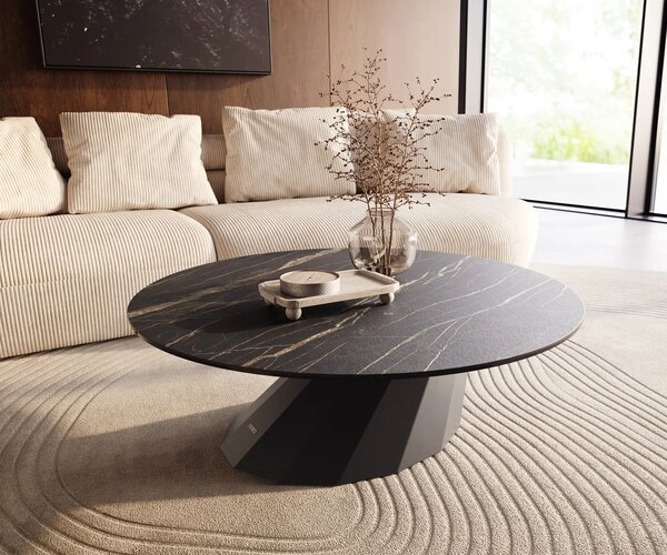 DELIFE Konferenční stolek Edge kulatý 100x100 cm keramika Laminam® Noir Desir hnědá Parabi kov černá