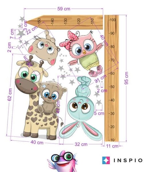 INSPIO-textilní přelepitelná samolepka - Dětský metr na zeď - Zvířátka CUTE2 - 150 cm