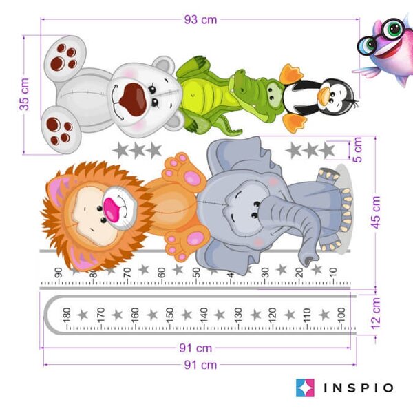 INSPIO-textilní přelepitelná samolepka - Samolepky do dětského pokoje - Dětský metr se zvířátky