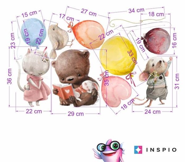 INSPIO-textilní přelepitelná samolepka - Samolepky na zeď - Zvířátka s balóny v pastelových barvách