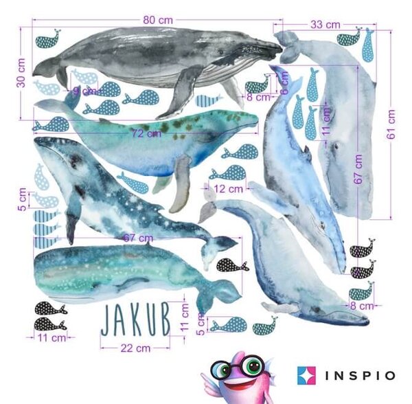 INSPIO-textilní přelepitelná samolepka - Dětské samolepky na zeď - Samolepicí tapeta s velrybami a jménem